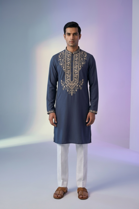 Embroidered Kurta Set For Men  | Mens Kurta set  | Onion Blue Kurta For Men