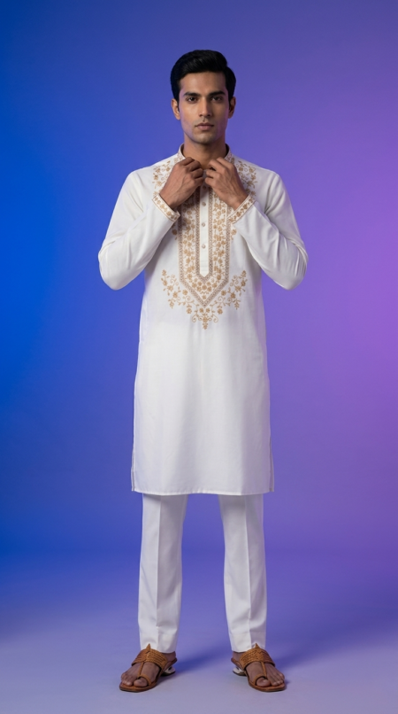 Neck Work Embroidered Kurta Set For Men | Mens Kurta set | White Neck Kurta For Men
