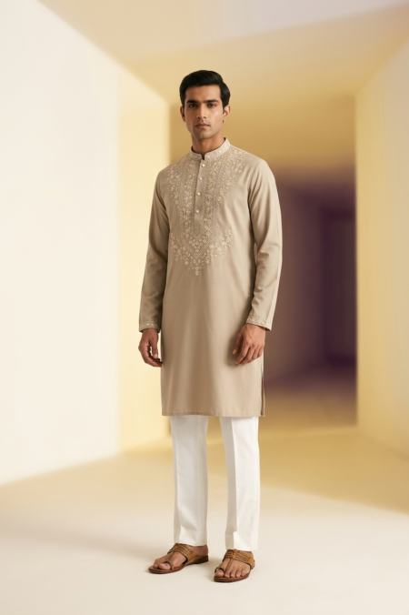 Neck Work Embroidered Kurta Set For Men | Mens Kurta set | Chiku Color Neck Kurta Set  For Men