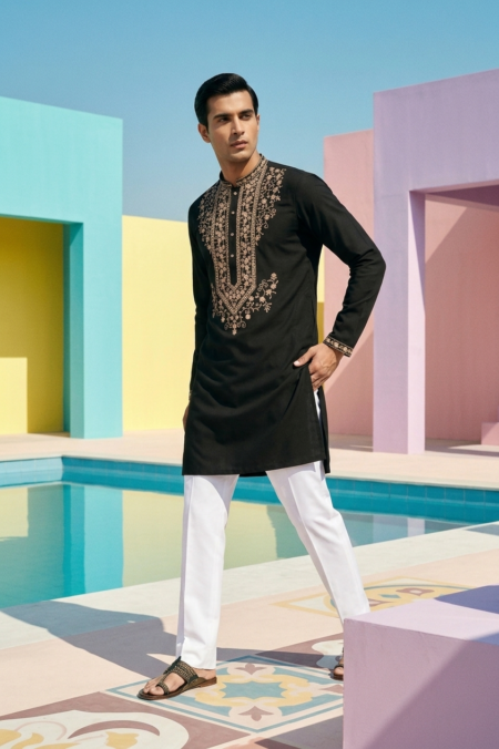 Black Neck Kurta Set For Men
