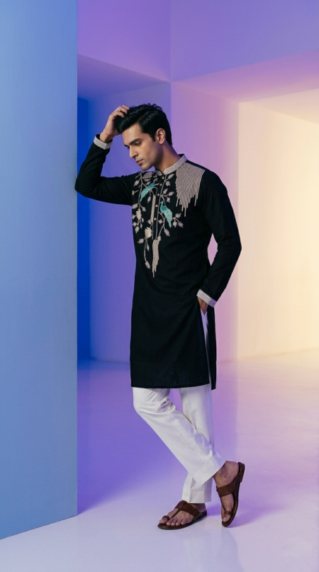 Premium Black Kurta Pant with Intricate Peacock Thread Work & Floral Embroidery