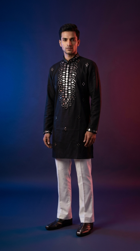 Designer Black Mirror Work Short Kurta for Men - Perfect for Weddings & Festivals.