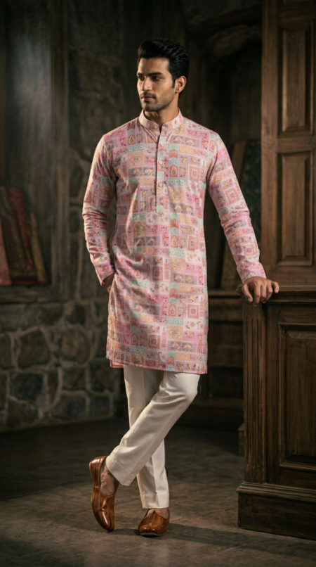 Designer Pastel Pink Printed Men's Kurta with Mandarin Collar - Slim Fit