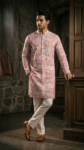 Designer Pastel Pink Printed Men's Kurta with Mandarin Collar - Slim Fit