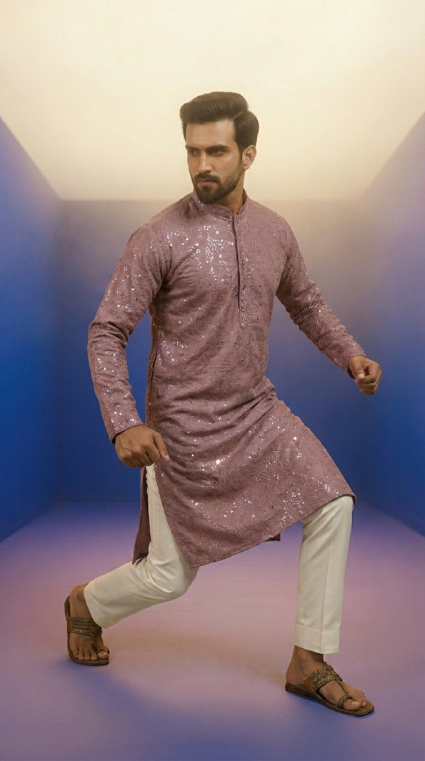Designer dusty rose Lucknowi style kurta for men with intricate mirror work (1)