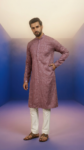 Designer dusty rose Lucknowi style kurta for men with intricate mirror work (1)
