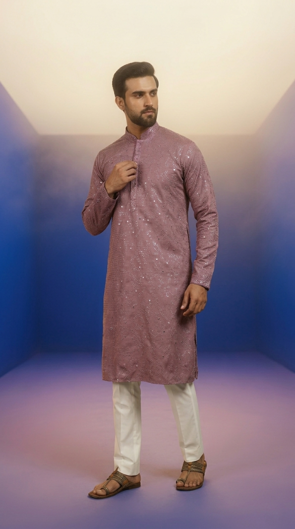Designer dusty rose Lucknowi style kurta for men with intricate mirror work (1)