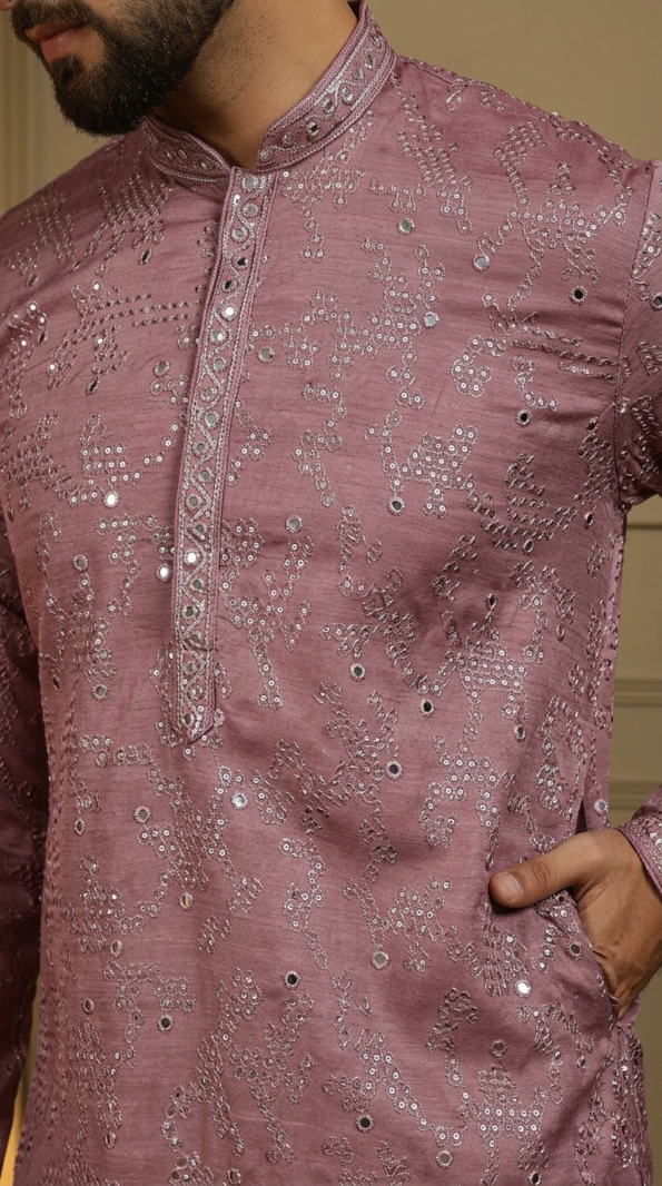 Designer dusty rose Lucknowi style kurta for men with intricate mirror work (1)