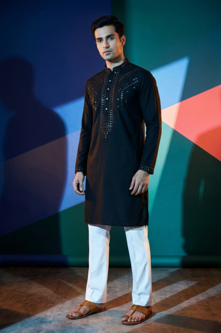 Elegant Black Embroidered Kurta Pant for Men - Traditional Indian Ethnic Wear for Weddings & Festivals
