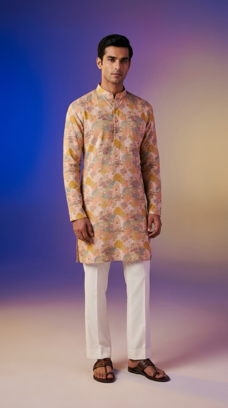 Elegant Men's Ethnic Wear - Floral Printed Cotton Kurta for Weddings and Festivals