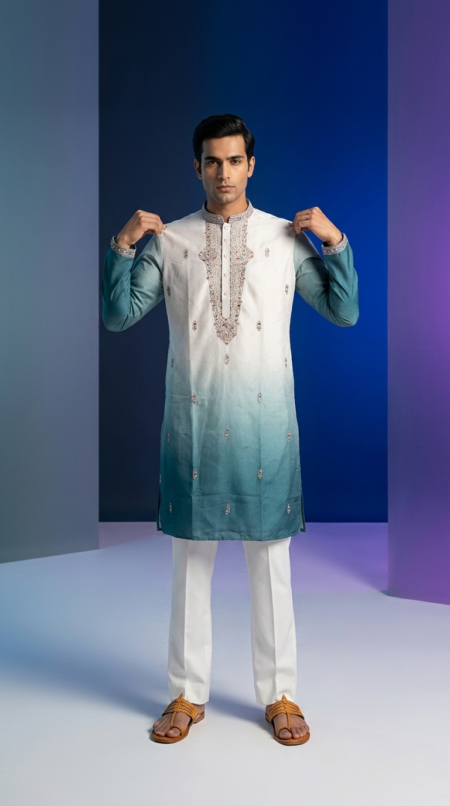Wedding Traditional Look Green Shaded Kurta Pant for Mens Wear