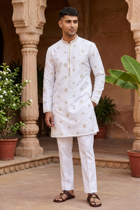 White Embroidered  Kurta With Pent