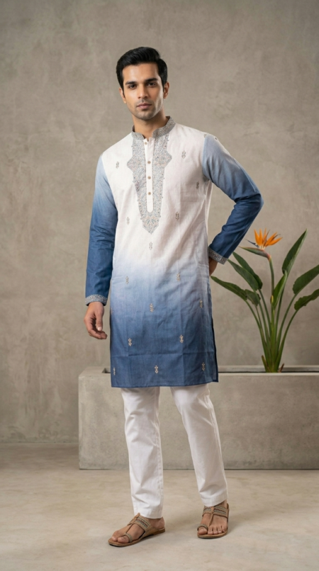 Wedding Traditional Look Nevy Blue Shaded Kurta Pant for Mens Wear