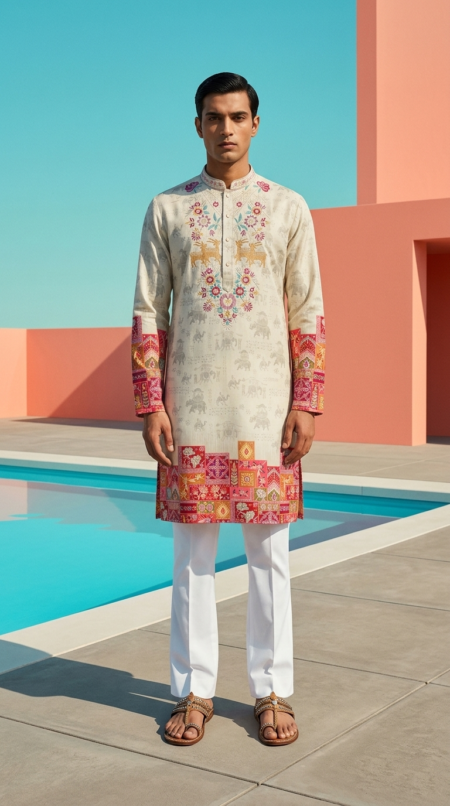 Wedding  Cream Kurta Pant for Mens Wear