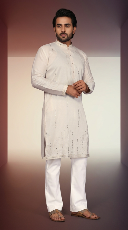 Off White  Kurta for Men Wedding Style With Pant