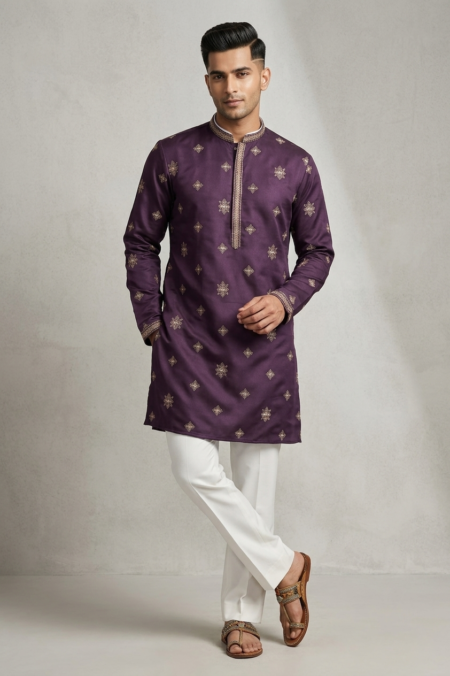 Wine Embroidered  Kurta With Pent for men