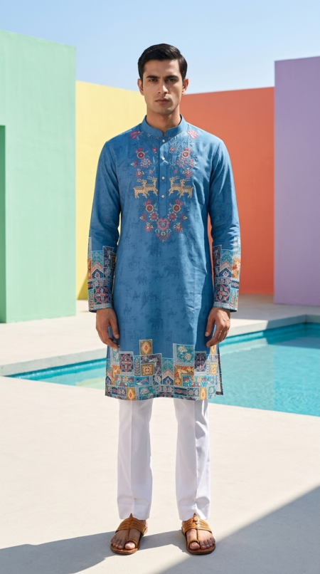 Wedding Steel Blue Kurta Pant for Mens Wear