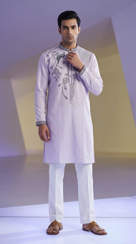 Men’s Pastel Lavender Embroidered Kurta Pant - Slim Fit Ethnic Wear