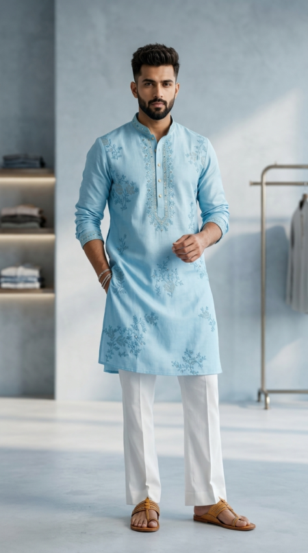 Man wearing sky blue embroidered kurta with white pants and tan sandals (2)