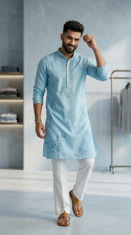Man wearing sky blue embroidered kurta with white pants and tan sandals (2)