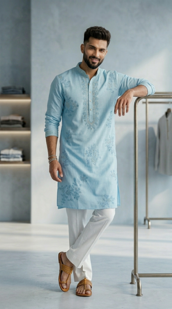 Man wearing sky blue embroidered kurta with white pants and tan sandals (2)