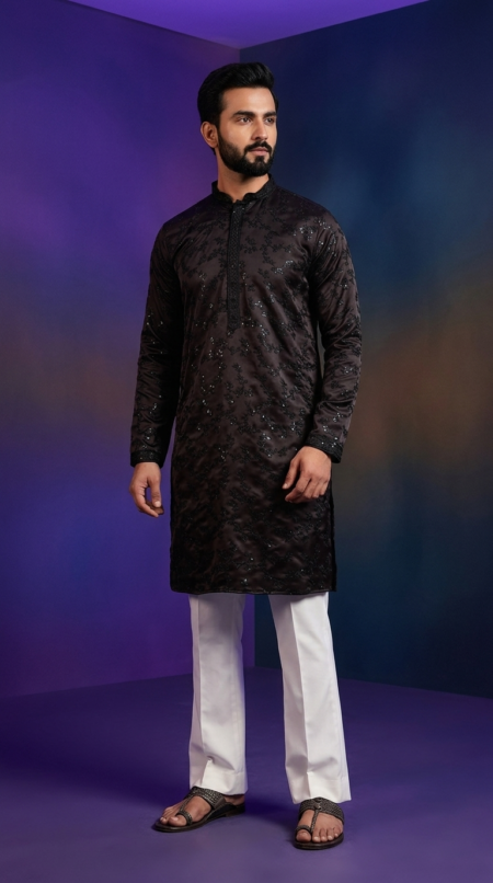 Men’s Black Sequin Embroidered Kurta Pant - Silk Blend Ethnic Wear for Weddings & Festivals