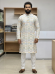 Men’s Floral Print & Thread Work Kurta - White Ethnic Party Wear