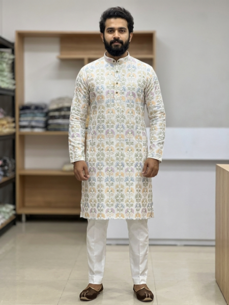 Men’s Floral Print & Thread Work Kurta - White Ethnic Party Wear