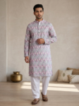 Men's Lavender & Pastel Green Geometric Printed Cotton Blend Kurta - Ethnic Wear for Weddings & Festivals