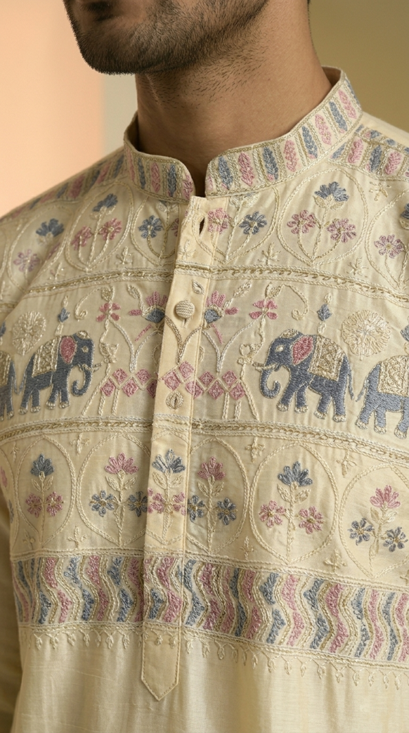 Men's Lemon Pastel silk kurta with elephant motif embroidery and mandarin collar (1)