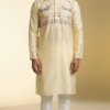 Men's Lemon Pastel silk kurta with elephant motif embroidery and mandarin collar (1)