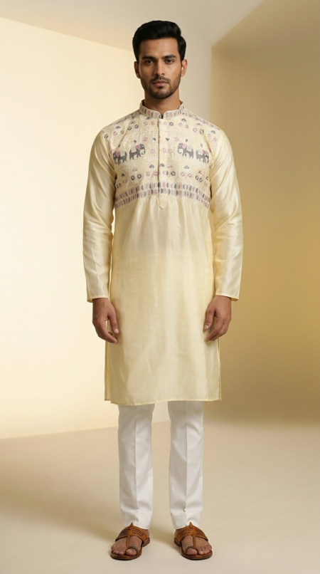 Men's Lemon Pastel silk kurta with elephant motif embroidery and mandarin collar (1)