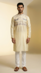 Men's Lemon Pastel silk kurta with elephant motif embroidery and mandarin collar (1)