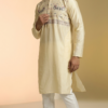 Men's Lemon Pastel silk kurta with elephant motif embroidery and mandarin collar (1)
