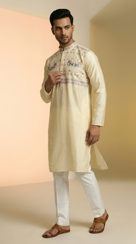 Men's Lemon Pastel silk kurta with elephant motif embroidery and mandarin collar (1)