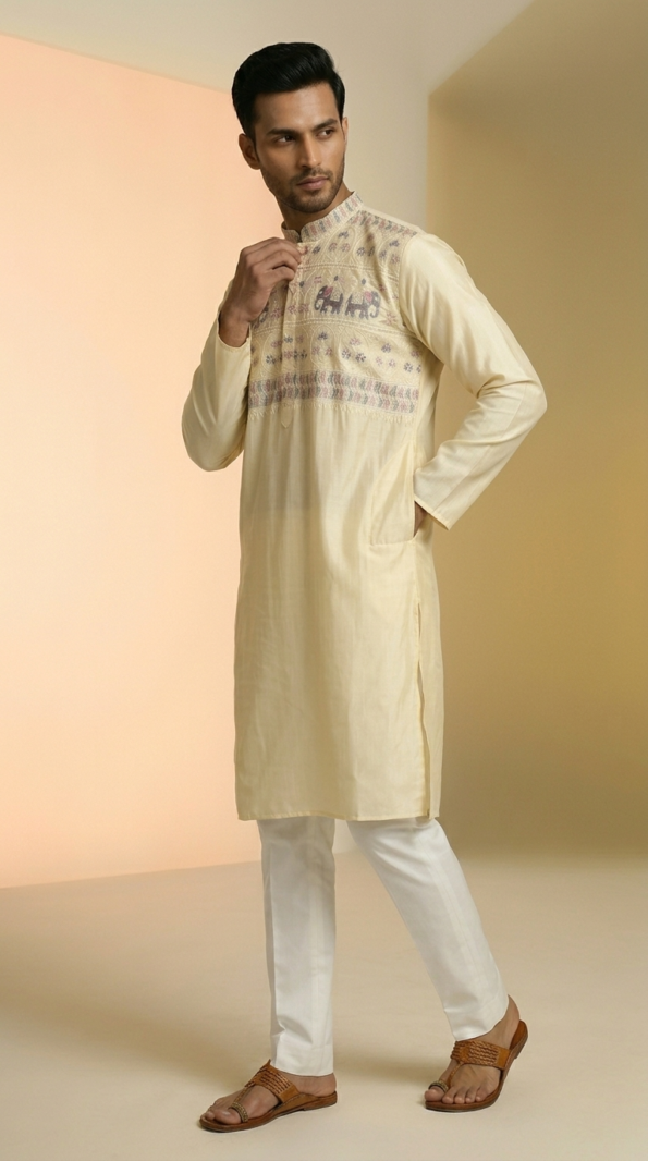 Men's Lemon Pastel silk kurta with elephant motif embroidery and mandarin collar (1)