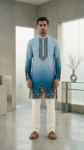 Men's Luxury Sky Blue to Royal Blue Gradient Kurta with Traditional Peacock Motif