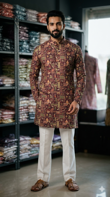 Men’s Maroon Printed Short Kurta with Mandarin Collar – Shubhaarambh Collection