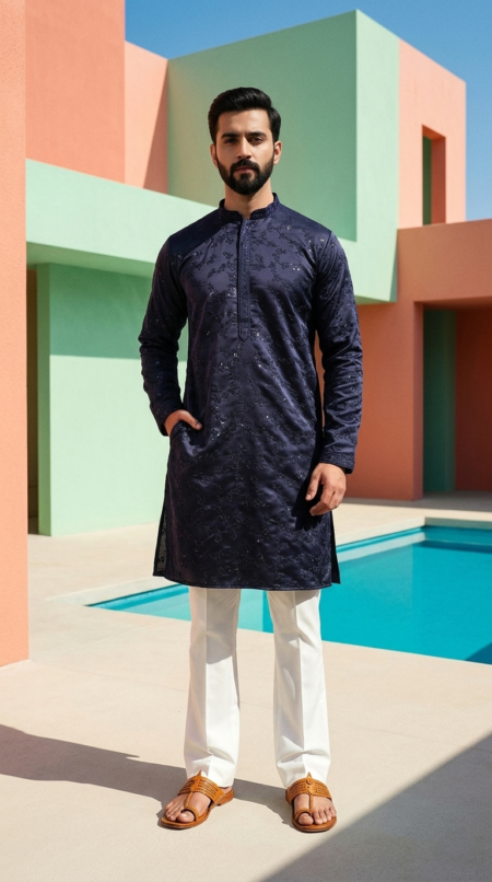 Men’s Navy Blue Lucknowi Sequined Embroidery Kurta with White Pant