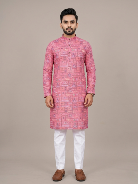 Men's Pink Cotton Geometric Printed Kurta for Ethnic Wear