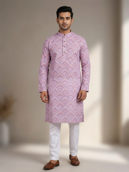 Men's Purple Geometric Printed Kurta | Ethnic Wear for Festivals & Weddings