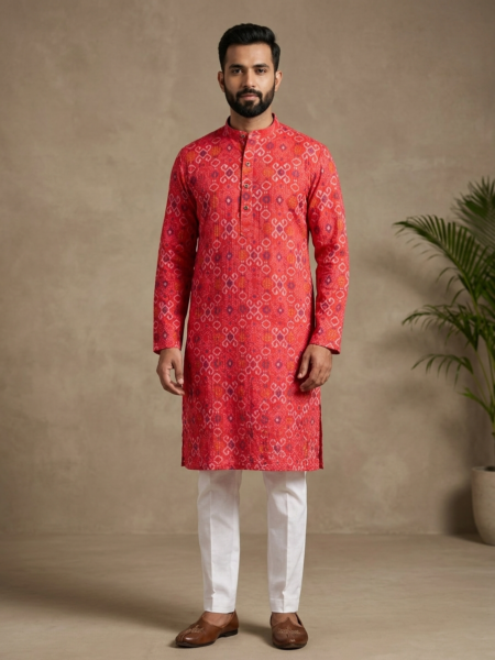 Men's Red Cotton Blend Ikat Print Kurta | Ethnic Wear for Men with Mandarin Collar