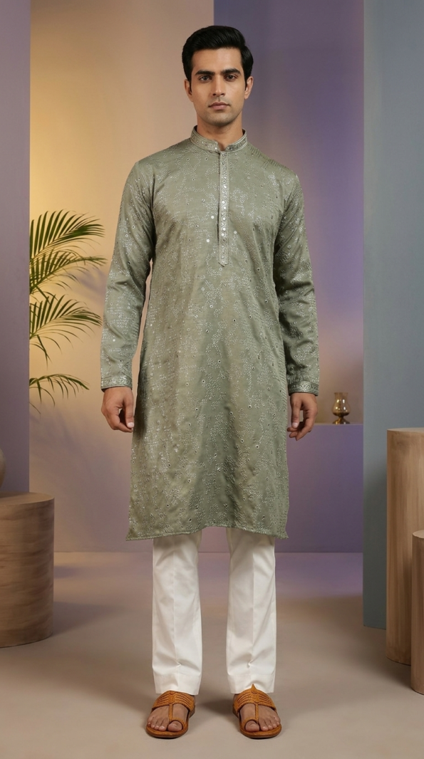Men's Sage Green Embroidered Kurta with Sequin Work for Weddings (1)