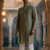 Men's Sage Green Embroidered Kurta with Sequin Work for Weddings (1)