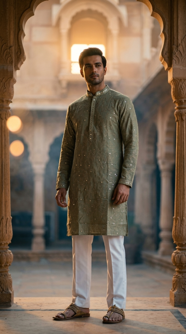 Men's Sage Green Embroidered Kurta with Sequin Work for Weddings (1)