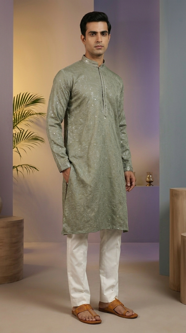 Men's Sage Green Embroidered Kurta with Sequin Work for Weddings (1)
