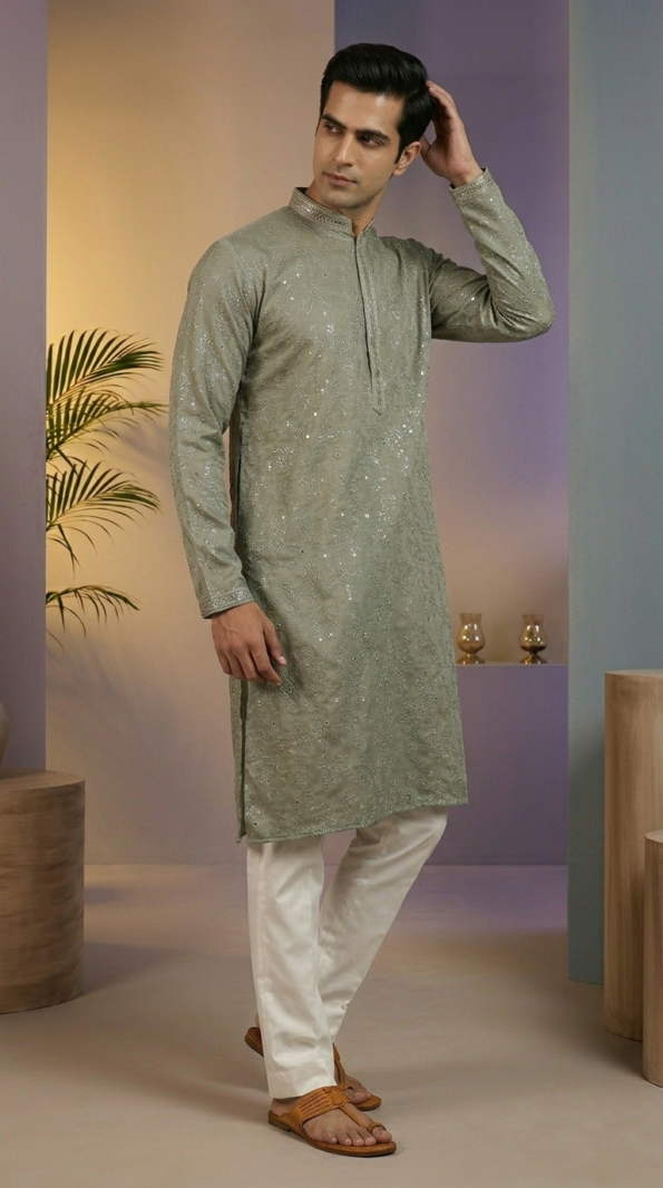 Men's Sage Green Embroidered Kurta with Sequin Work for Weddings (1)