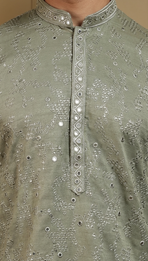 Men's Sage Green Embroidered Kurta with Sequin Work for Weddings (1)