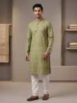 Men's Olive Green Kurta | Ethnic Geometric Print long Kurta for Men