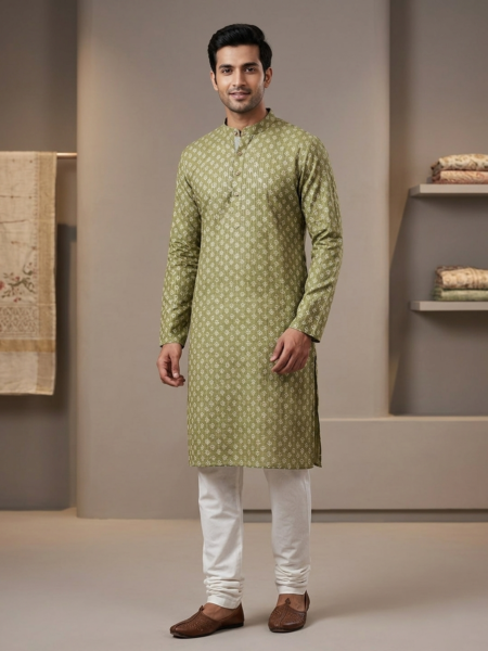 Men's Olive Green Kurta | Ethnic Geometric Print long Kurta for Men